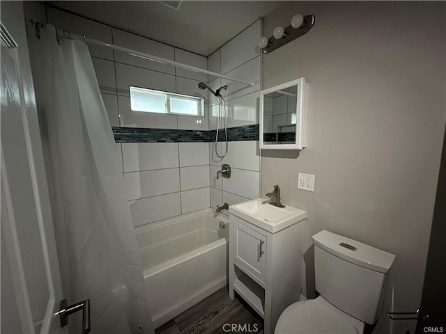 full bathroom featuring shower / bath combination with curtain, vanity, toilet, and wood-type flooring