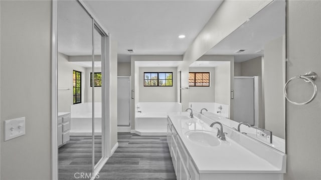 bathroom featuring plus walk in shower, wood-type flooring, and vanity