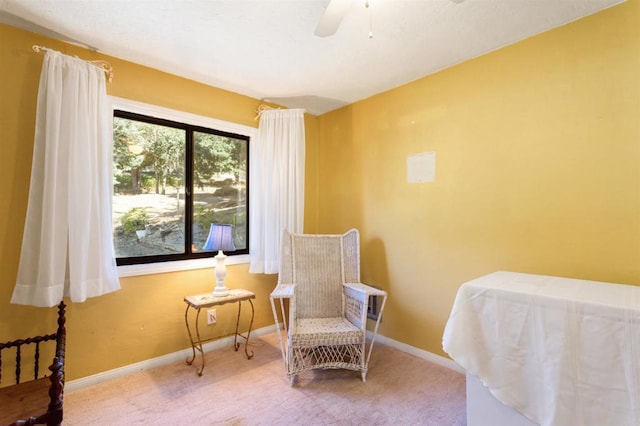 living area with ceiling fan and carpet flooring