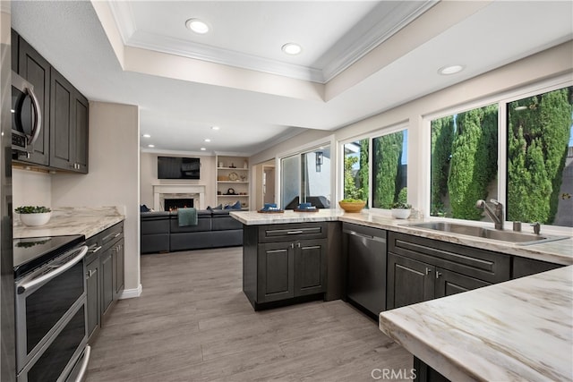 kitchen featuring light hardwood / wood-style flooring, stainless steel appliances, ornamental molding, sink, and light stone countertops