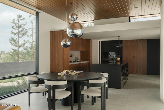 dining area featuring wooden walls, wooden ceiling, and a healthy amount of sunlight