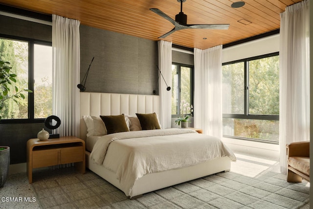 bedroom featuring ceiling fan and wood ceiling