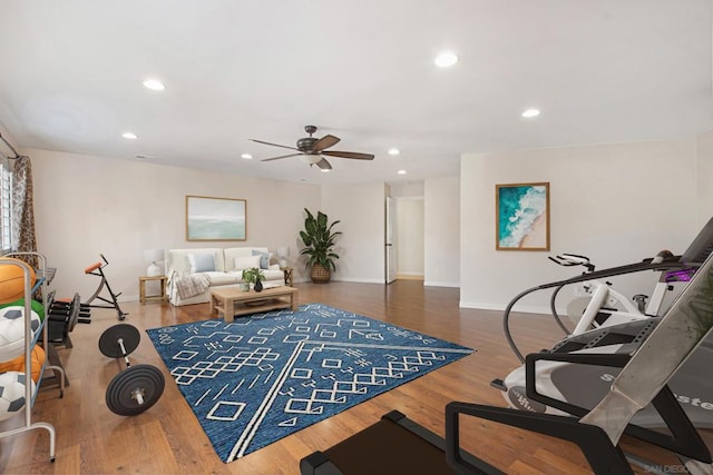 workout room featuring ceiling fan and wood-type flooring