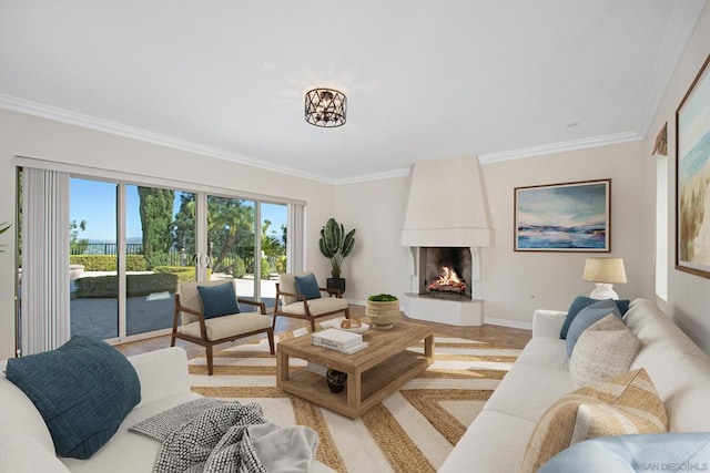 living room with crown molding and a fireplace