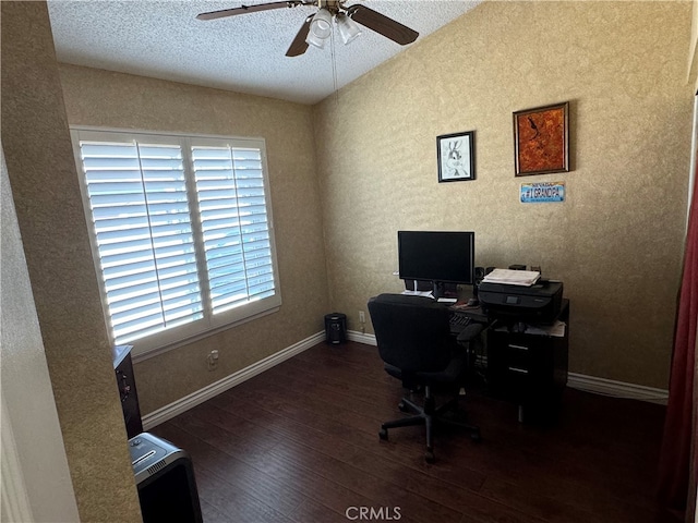 office space with ceiling fan, a textured ceiling, and dark hardwood / wood-style floors