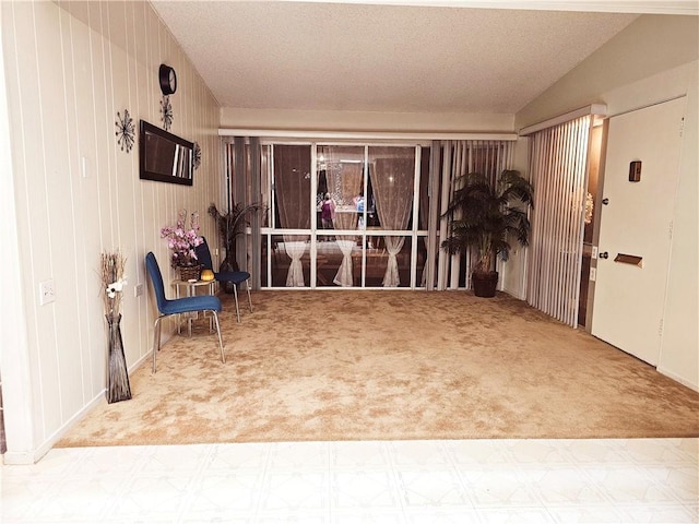 interior space featuring carpet floors, wooden walls, and tile patterned floors