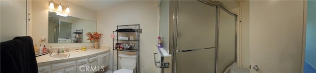 bathroom featuring vanity, a shower stall, and toilet