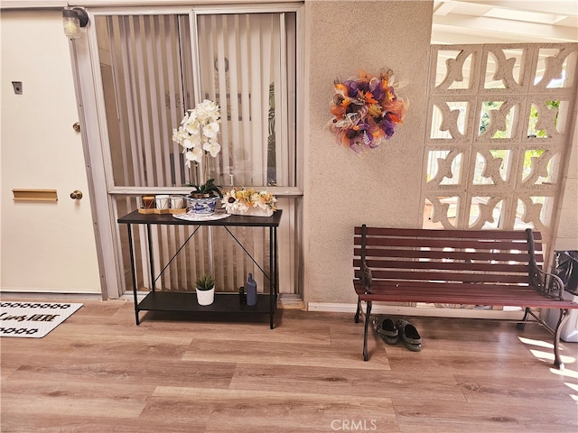 interior space with wood-type flooring and beamed ceiling