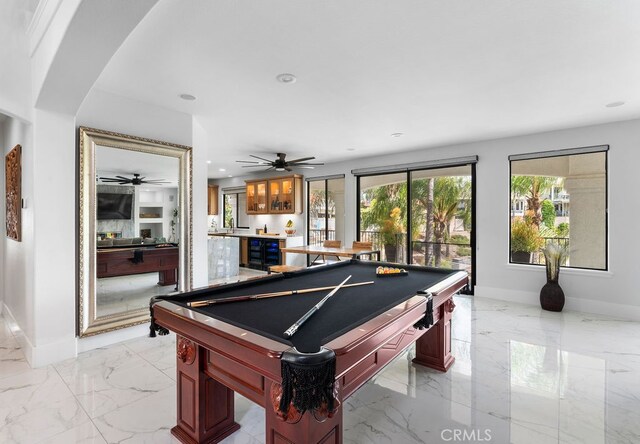 game room with pool table, ceiling fan, wine cooler, and bar