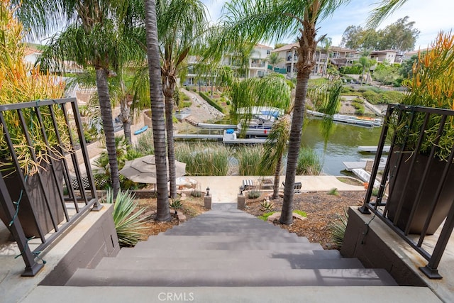 view of patio featuring a water view