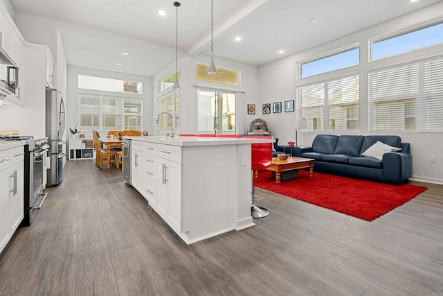 2013 Bravo Loop Unit 5, Chula Vista, CA 91915 - kitchen with appliances with stainless steel finishes, dark wood-type flooring, an island with sink, light countertops, and recessed lighting