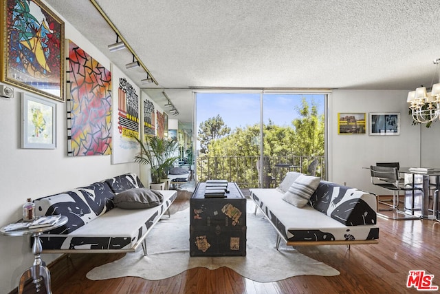 living room with floor to ceiling windows, a textured ceiling, an inviting chandelier, track lighting, and hardwood / wood-style flooring