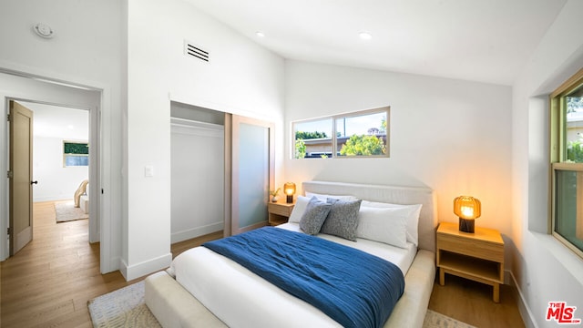 bedroom with hardwood / wood-style flooring, vaulted ceiling, and a closet