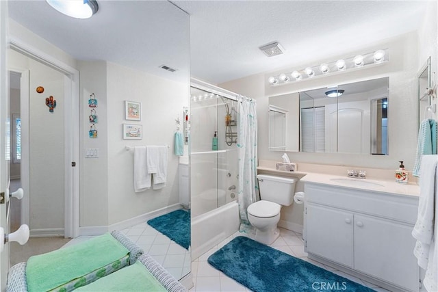 full bathroom with tile patterned flooring, vanity, toilet, and shower / bathtub combination with curtain