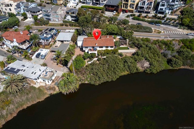 drone / aerial view featuring a water view