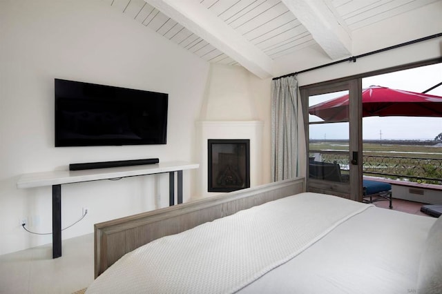 bedroom with a large fireplace, access to outside, beamed ceiling, and wood ceiling