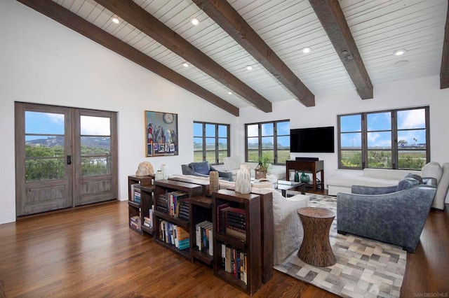 living room with french doors, beamed ceiling, wood-type flooring, wooden ceiling, and high vaulted ceiling