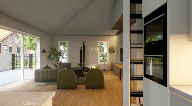 living room featuring lofted ceiling and light hardwood / wood-style flooring