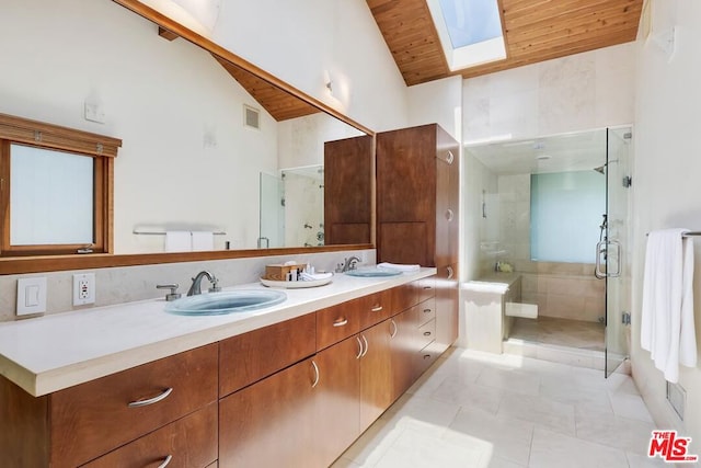 bathroom with vanity, a skylight, a shower with door, and wooden ceiling