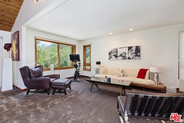 carpeted living room featuring vaulted ceiling