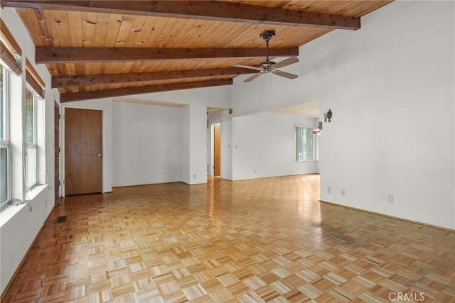 6032 Tiffin Ct, Magalia, CA 95954 - empty room featuring wood ceiling, vaulted ceiling with beams, a ceiling fan, and a healthy amount of sunlight