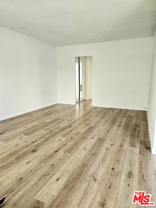 empty room with a textured ceiling and light hardwood / wood-style flooring