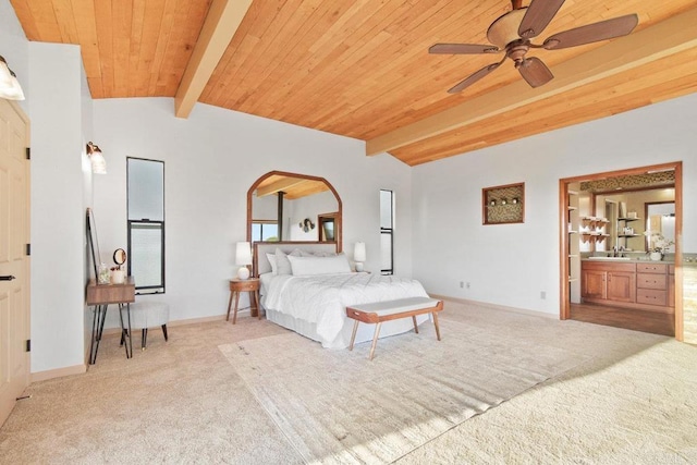 bedroom featuring lofted ceiling with beams, sink, light colored carpet, ceiling fan, and wooden ceiling