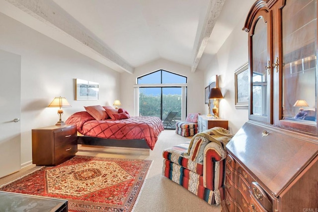 carpeted bedroom with lofted ceiling with beams