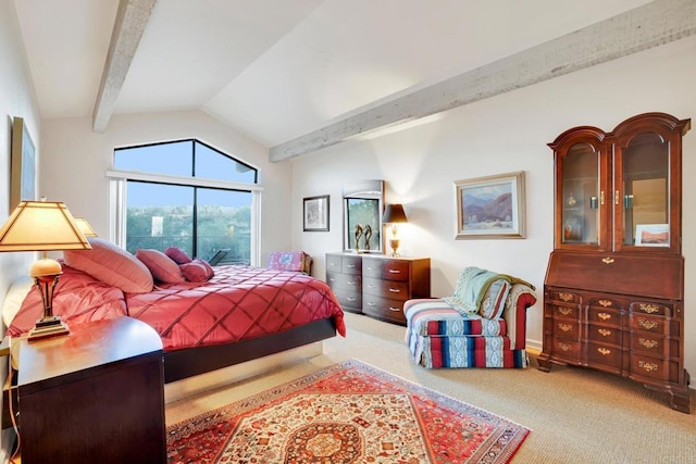 carpeted bedroom with vaulted ceiling with beams