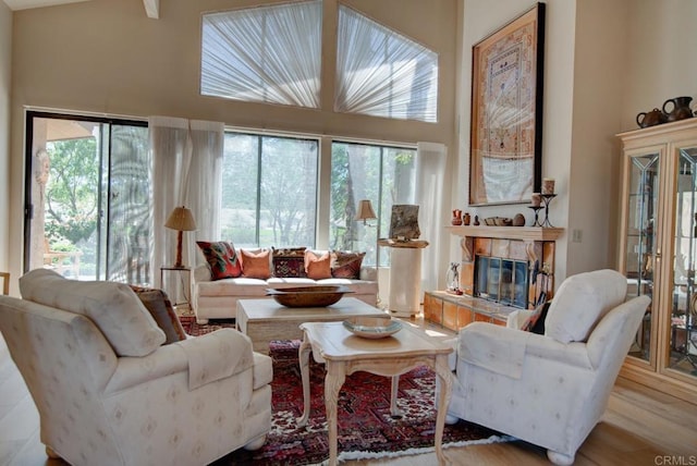 living room with a towering ceiling, light hardwood / wood-style floors, and a fireplace