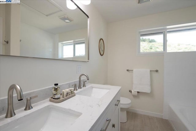 bathroom featuring wood-type flooring, vanity, and toilet