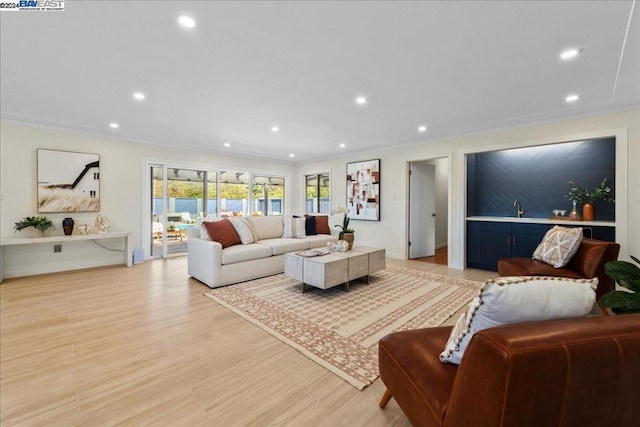 living room with sink, ornamental molding, and light wood-type flooring