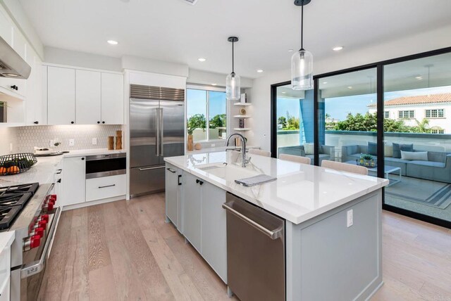 kitchen with premium appliances, white cabinets, sink, hanging light fixtures, and a kitchen island with sink