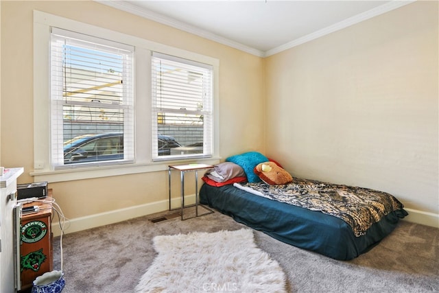 bedroom with light carpet and ornamental molding