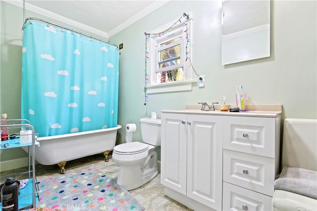 bathroom with vanity, toilet, and crown molding