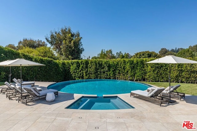 view of pool with an in ground hot tub and a patio