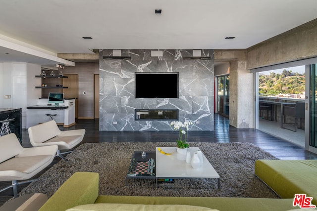 living room with a fireplace and dark hardwood / wood-style flooring