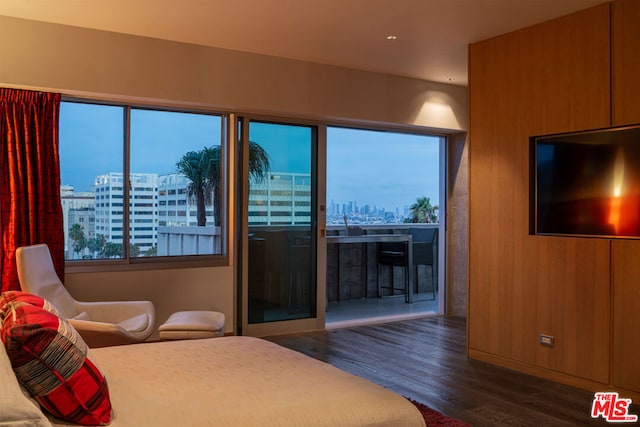 bedroom featuring multiple windows and dark hardwood / wood-style flooring