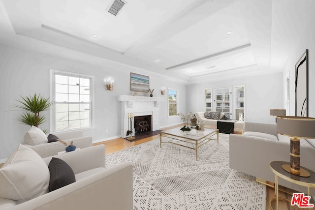 living room with a wealth of natural light, a tray ceiling, and light hardwood / wood-style floors