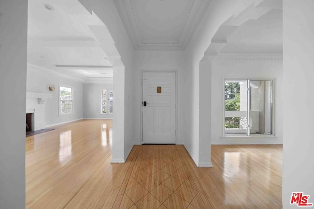 foyer with crown molding and light wood-type flooring