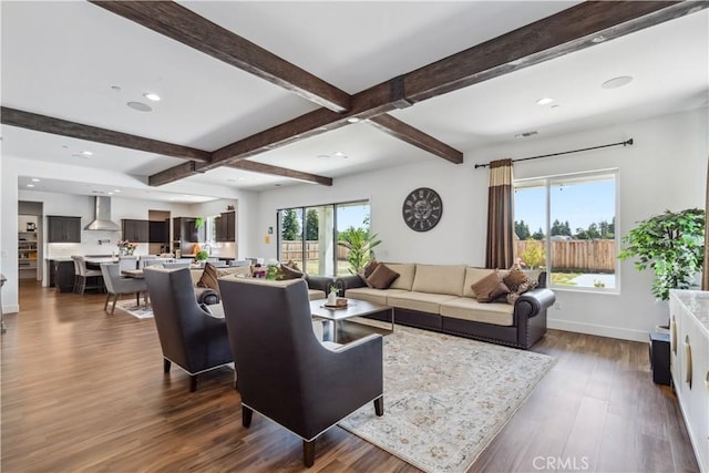 living room featuring dark hardwood / wood-style floors and beam ceiling