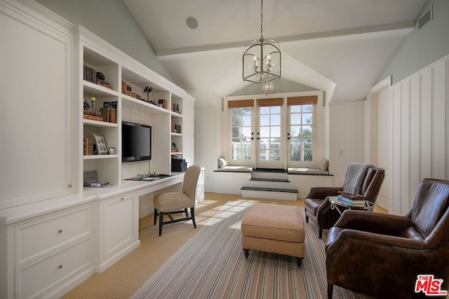 carpeted office with a notable chandelier and lofted ceiling with beams