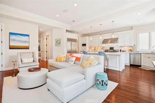 living room featuring sink, dark hardwood / wood-style flooring, and crown molding