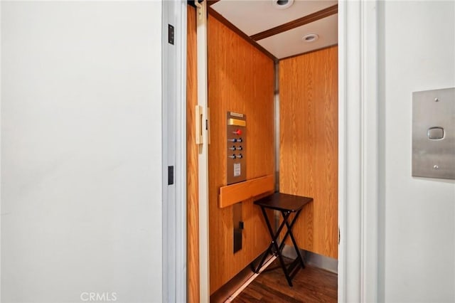 details featuring wood-type flooring, elevator, and wood walls