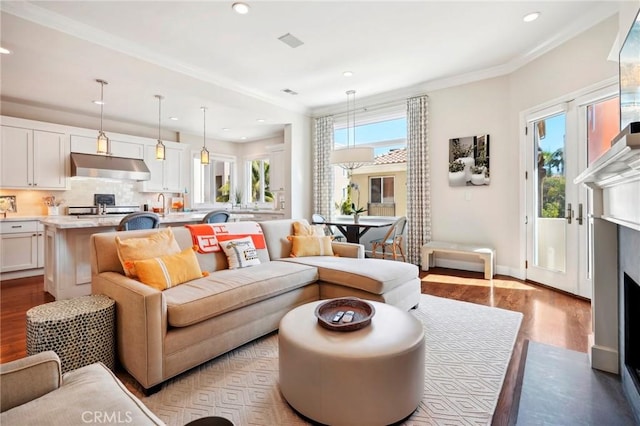 living room featuring crown molding, light hardwood / wood-style flooring, and sink