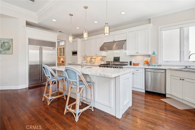 kitchen featuring pendant lighting, white cabinets, stainless steel appliances, and an island with sink