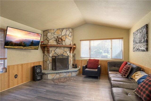 living room featuring a fireplace, wooden walls, and dark hardwood / wood-style flooring