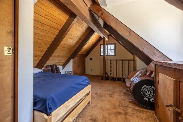 bedroom with carpet floors, wood ceiling, and lofted ceiling with beams