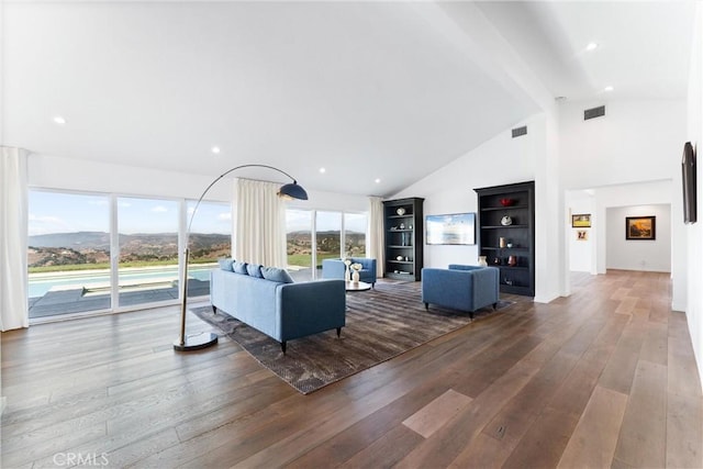 living room with a mountain view, high vaulted ceiling, and hardwood / wood-style flooring