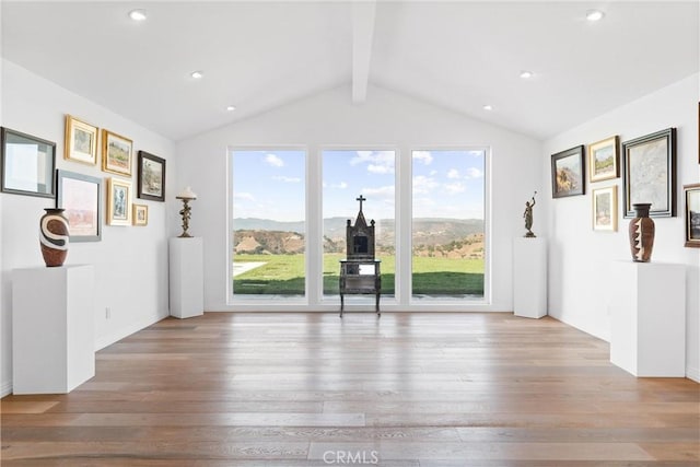 interior space featuring a mountain view, beamed ceiling, light hardwood / wood-style floors, and high vaulted ceiling